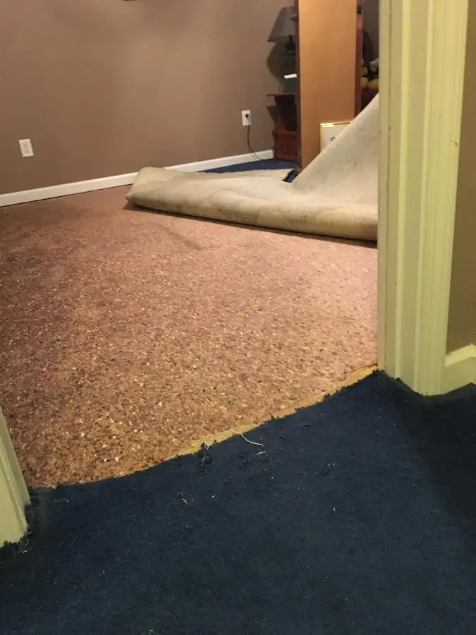 Carpet pad removal revealing water damage during Drying & Dehumidification in West Milford